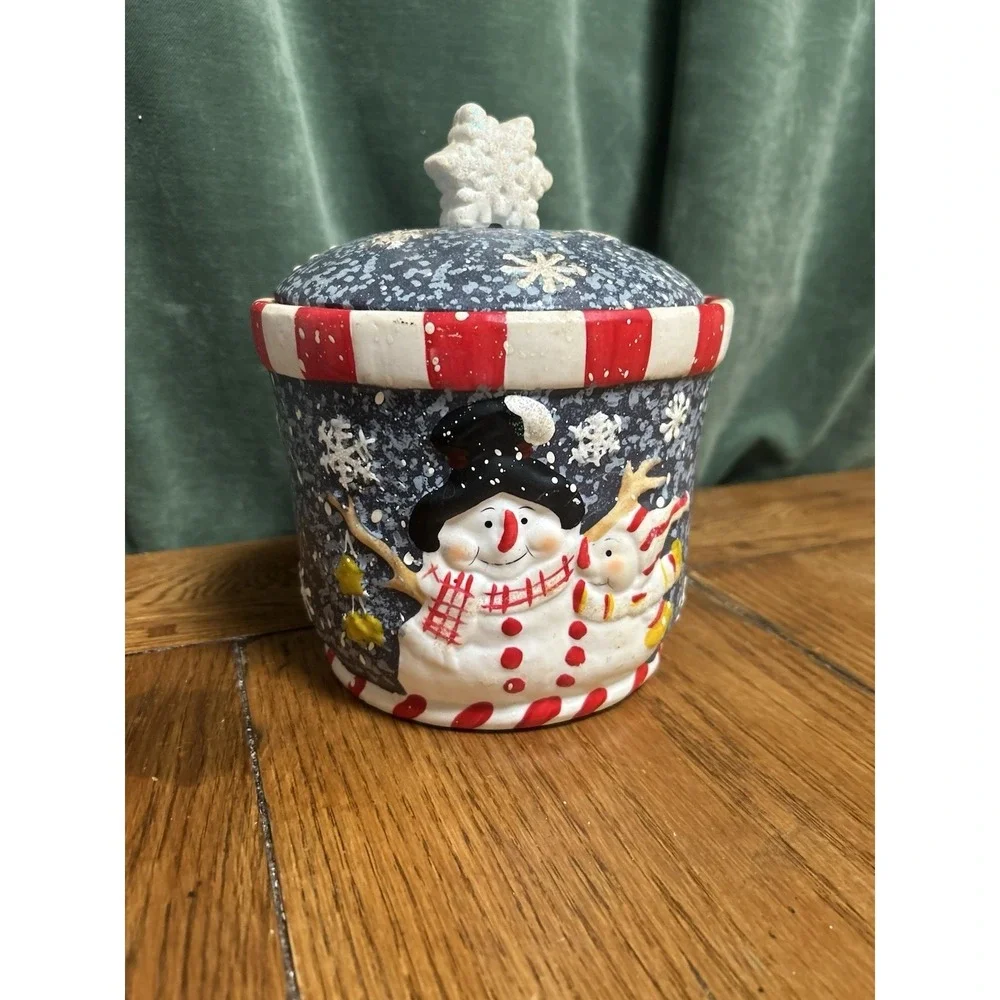Snowman Ceramic Holiday Cookie Jar Canister Snowflake Lid Blue Red White